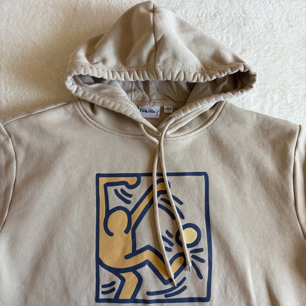 Keith Haring Hoodie Men’s L Beige Graphic Art Pullover Sweatshirt Cotton Blend